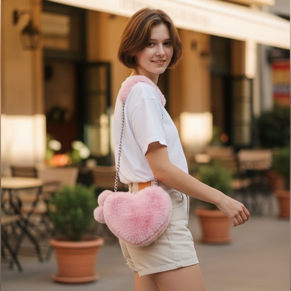 Pink Heart Shaped Fluffy Purse with silver chain and Pom poms